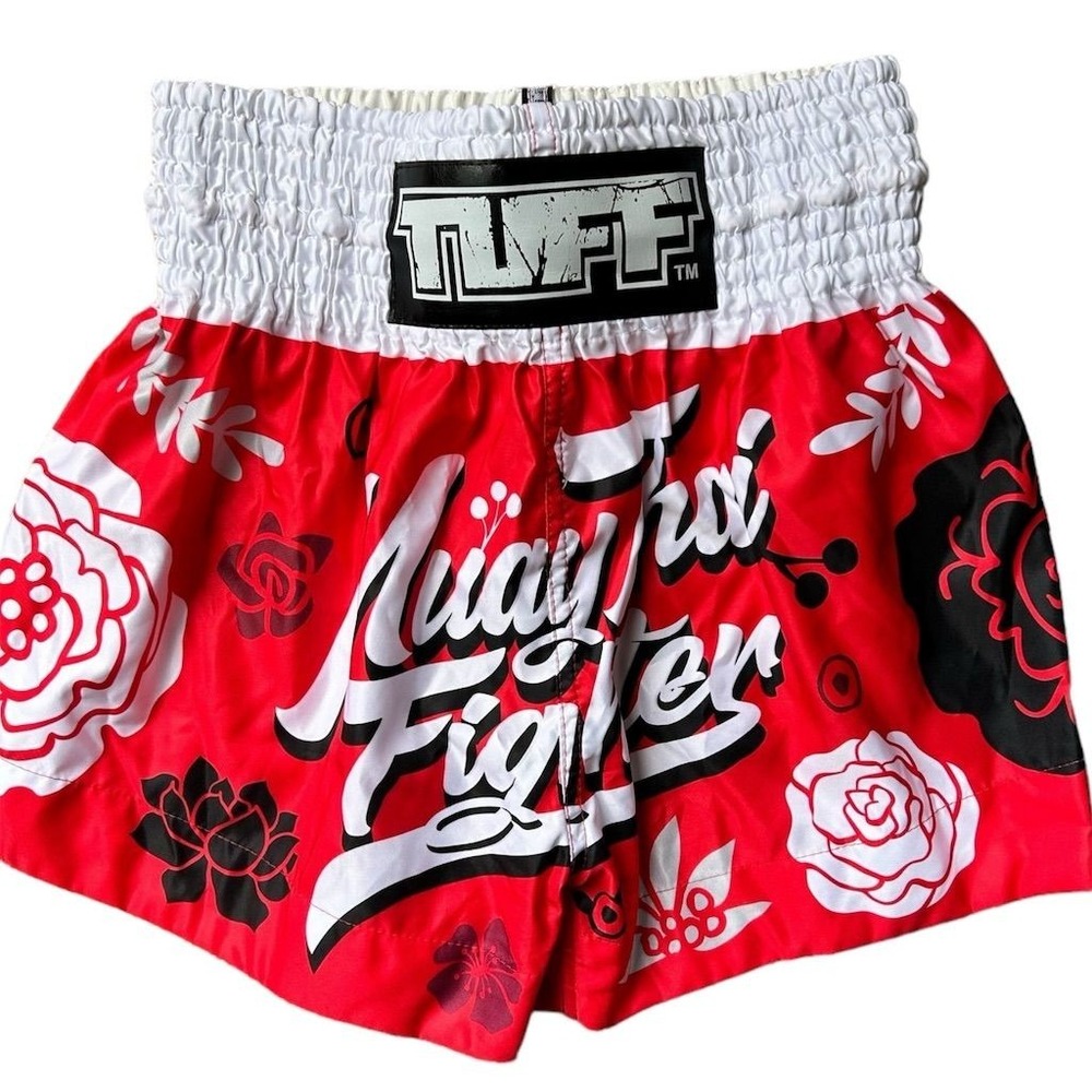 TUFF Muay Thai Boxing Shorts Red Floral‎ Pattern Elastic Waistband Men's Size M